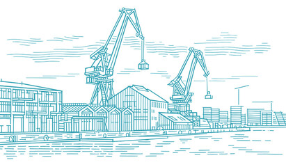 Industrial port line sketch, vector.  - obrazy, fototapety, plakaty