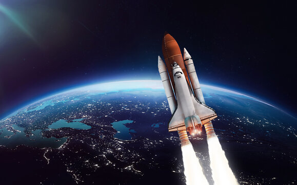 Space shuttle flight. Launch in outer space from Earth. Rocket on orbit of the planet. Spaceship and spacecraft. Elements of this image furnished by NASA