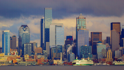 Port of Seattle. Skyscrapers on a background of blue sky. Downtown view.