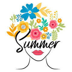 Summer art. Woman silhouette face with flowers art illustration.