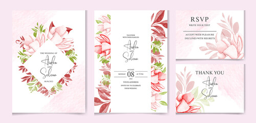 Floral wedding invitation template set with brown and peach roses flowers and leaves decoration. watercolor floral frame and border decoration. botanic illustration for card composition design