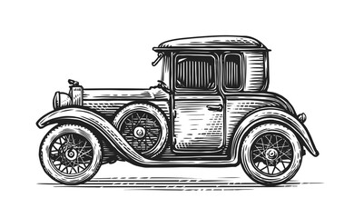 Retro car drawn in engraving style. Vintage vehicle, transport vector illustration