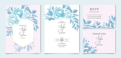 Set of wedding invitation card template with watercolor floral frame and botanic illustration for card composition design
