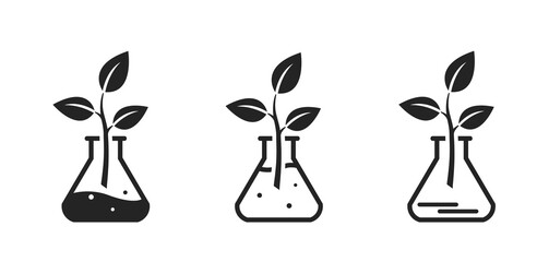 Environmental chemistry icon set. non-toxic symbols. chemical flask with leaf. eco, organic and laboratory symbols