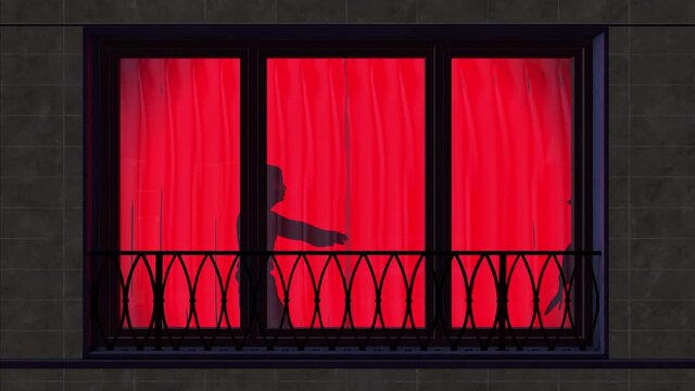 Silhouettes behind the curtains of an apartment building, dancing on the same beat, loopable from 16:11 to the end of the animation