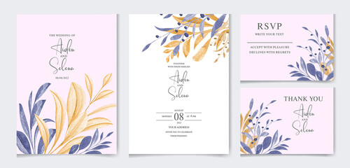Fototapeta na wymiar Watercolor wedding invitation card template set with beautiful leaves frame and border decoration. botanic illustration for card composition design.