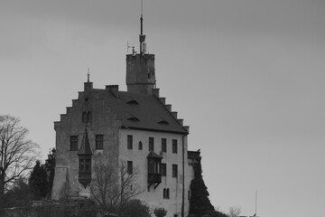 scenic view in black and white of a medieval castle in upper franconia