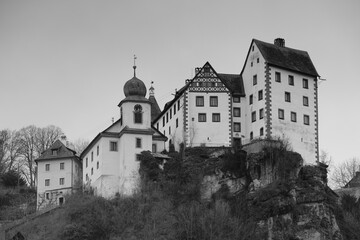 view in monochrome of a medieval castle in upper franconia