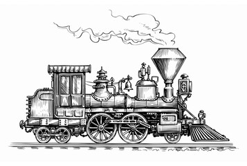Retro steam locomotive transport sketch. Hand drawn train vintage illustration - obrazy, fototapety, plakaty