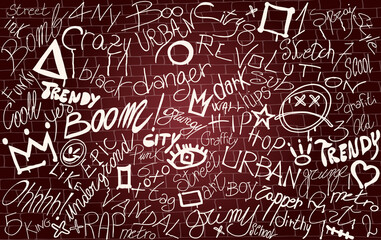 Wall with graffiti symbol writing spray-ink-tag-splash-scribble. Street art. Modern hand draw grafiti style. Dirty artistic design elements and words. Underground. Vector illustration