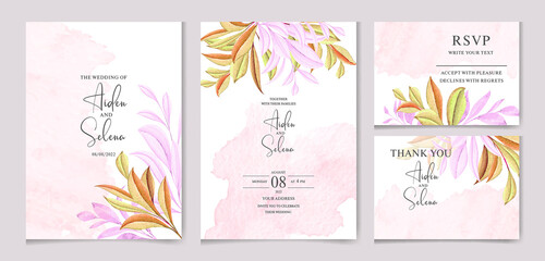 Fototapeta na wymiar Creamy watercolor wedding invitation card template set with beautiful leaves frame and border decoration. botanic illustration for card composition design.