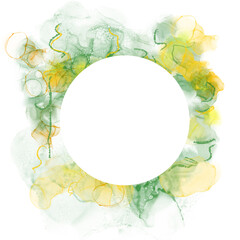 Abstract alcohol ink shape in green gold and yellow with a white rectangular text box and copy space