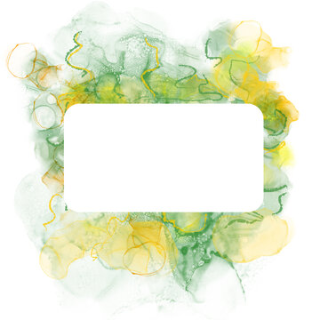 Abstract alcohol ink shape in green gold and yellow with a white rectangular text box and copy space