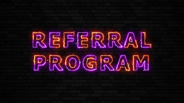 'REFERRAL PROGRAM' moving thin line energy text on a dark brick wall background. Seamless loop animated text. 4k typography motion graphic