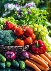 Variety of fresh organic vegetables and fruits in the garden