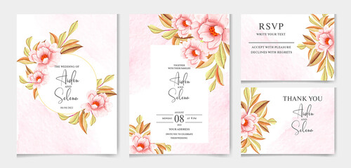 Watercolor Floral leaves and flowers on wedding invitation template. with watercolor floral frame and border decoration. botanic illustration for card composition