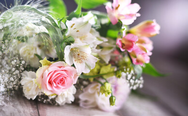 Composition with bouquet of freshly cut flowers
