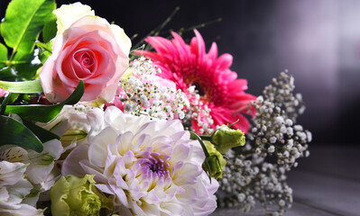 Composition with bouquet of freshly cut flowers