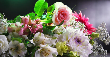 Composition with bouquet of freshly cut flowers