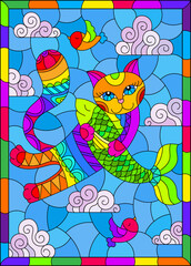 Illustration in the style of stained glass with a bright rainbow cat with fish against the background of the cloudy day sky, a rectangular image in a bright frame