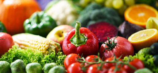 Composition with variety of fresh vegetables and fruits