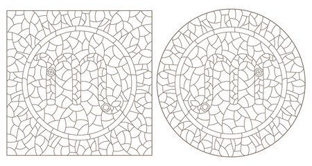 Set of contour illustrations in the style of stained glass with the signs of the zodiac scorpio, dark contours on a white background