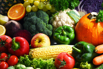 Composition with variety of fresh organic vegetables and fruits
