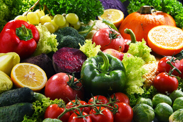 Composition with variety of fresh organic vegetables and fruits