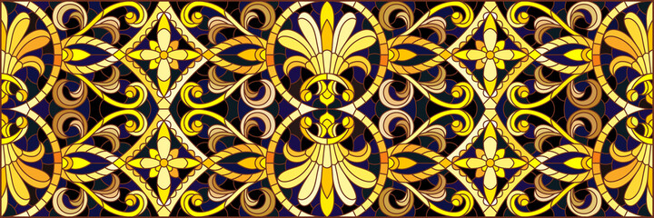 Illustration in stained glass style with floral ornament ,imitation gold on dark background with swirls and floral motif, rectangular horizontal image
