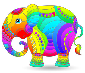Stained glass-style illustration with a cartoon rainbow elephant, the animal isolated on a white background