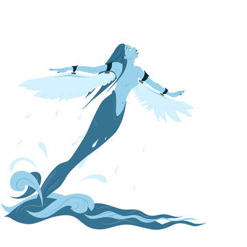 The mood is to fly! Fairytale character mermaid with attached wings takes off from the sea. The concept of freedom from convention. Print, tattoo, poster. Vector illustration