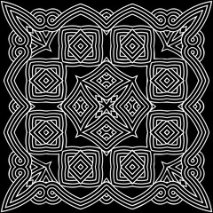 Ethnic decorative pattern in the style of the peoples of the East and Asia on a black background. Geometric isolated black white element for ornament. Template for design, creativity, wallpaper.