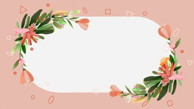 hand painted floral flowers and foliage on white abstract elements pink background frame illustration for summer spring loop animation
