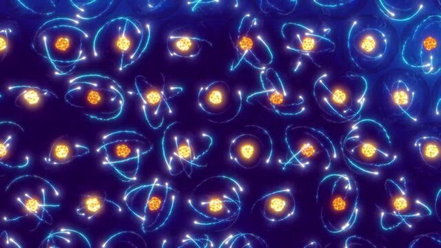 Animation of atoms and their electron clouds arranged in crystal structure, horizontal panning. Atomic structure and quantum mechanics concept.	
