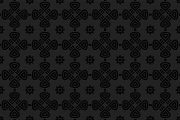3D volumetric convex embossed geometric black background. Ethnic pattern in doodling style, Aztec motives.
Decorative national ornament for wallpaper, website, textile, presentation.