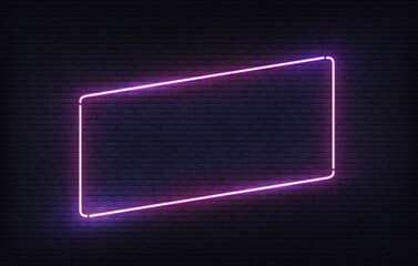Neon frame. Purple incline light banner design template. Vector glowing rectangle signboard