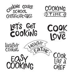 Cooking lettering sing set for kitchen tools. Vector stock illustration isolated on white background for print industry, home decor, web site online cooking course, class certificate, diploma. EPS10