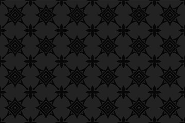 3D volumetric convex embossed geometric black background. Ethnic pattern in the style of doodling, based on the peoples of the East and Asia.
Beautiful graceful ornament for wallpaper, website.