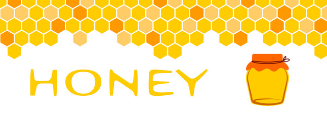 vector template banner background splash honey honeycomb like mosaic and jar of honey in yellow and orange colors