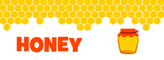 vector template banner background splash honey honeycomb and jar of honey in yellow and orange colors.