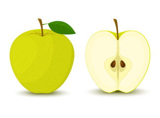Apple. Whole green apple and half with leaf isolated on white background. Flat design, vector