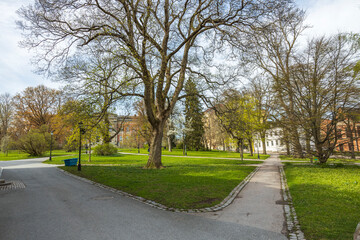 Beautiful city park landscape view on spring day. Old green trees and old buildings between them. Sweden.