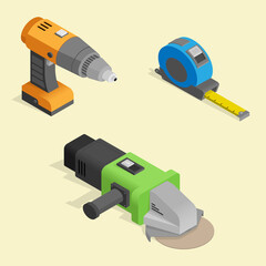 A set of isometric construction tools. Screwdriver, steel tape, angle grinder.