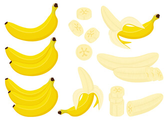 Banana set. Whole, half and peeled banana, bunch of bananas and slices of banana isolated on white background, flat cartoon style, vector