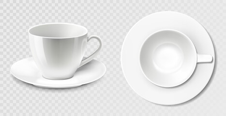 Set of 3D realistic white coffee mugs or cups, with a saucer, isolated on a white background. Vector templates for Mock Up. Vector illustration