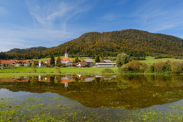 Fototapeta na wymiar Flooded Planina plain in autumn in Slovenia