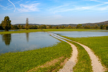 Flooded Planina plain in autumn in Slovenia