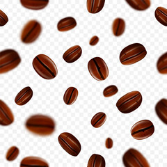 Flying coffee beans background. Seamless realistic brightly flying coffee beans with blur effect. 3d realistic illustration. Transparent background. Vector illustration.