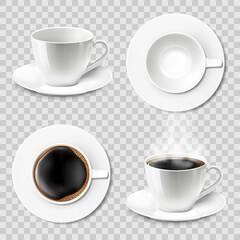 Set of coffee cups empty and with coffee. Ceramic cups or mugs with a saucer, top view, side view. coffee mug set with hot drink, 3d vector Isolated illustration