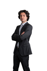 Side view of handsome businessman standing with arms crossed pose, confident look. Isolated over white background. Concept of CEO and opinion leader